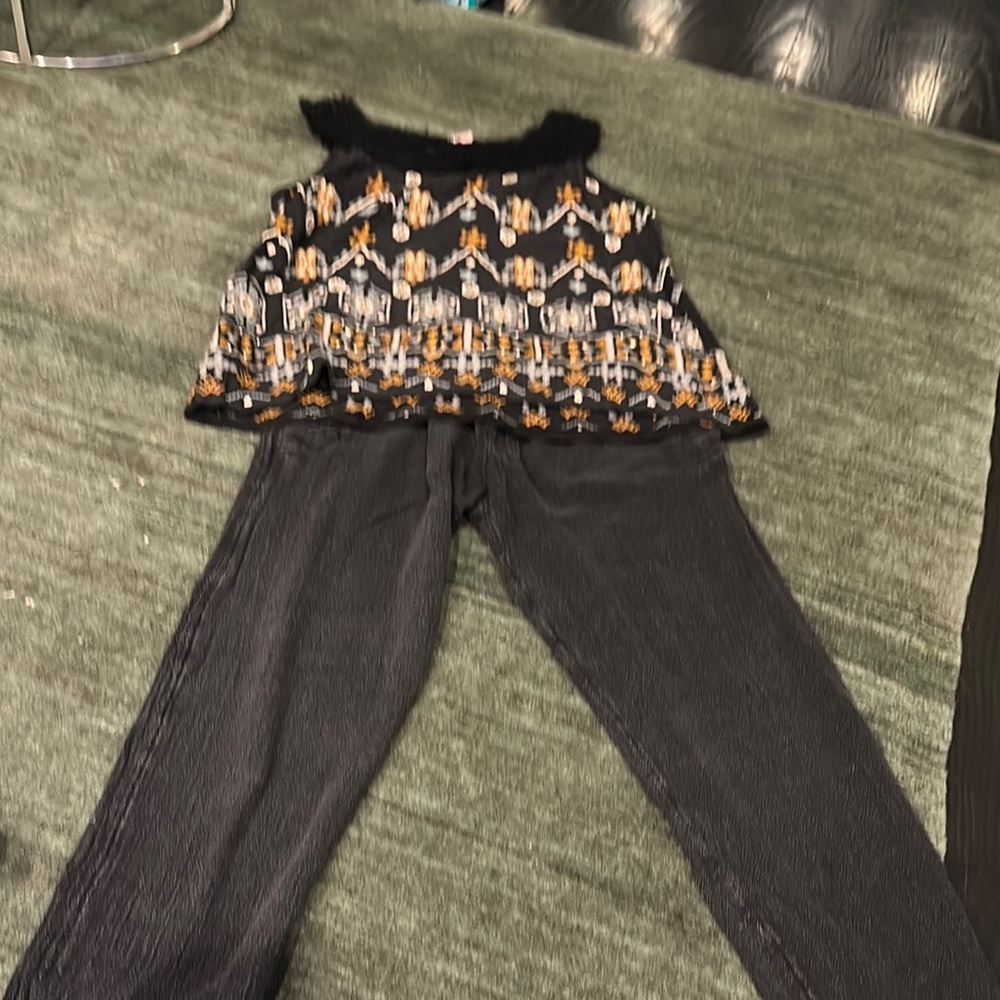 Black and Gold Patterned Top with Black Pants